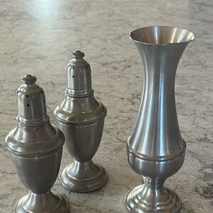 Pewter bud vase snd salt/ pepper shakers.